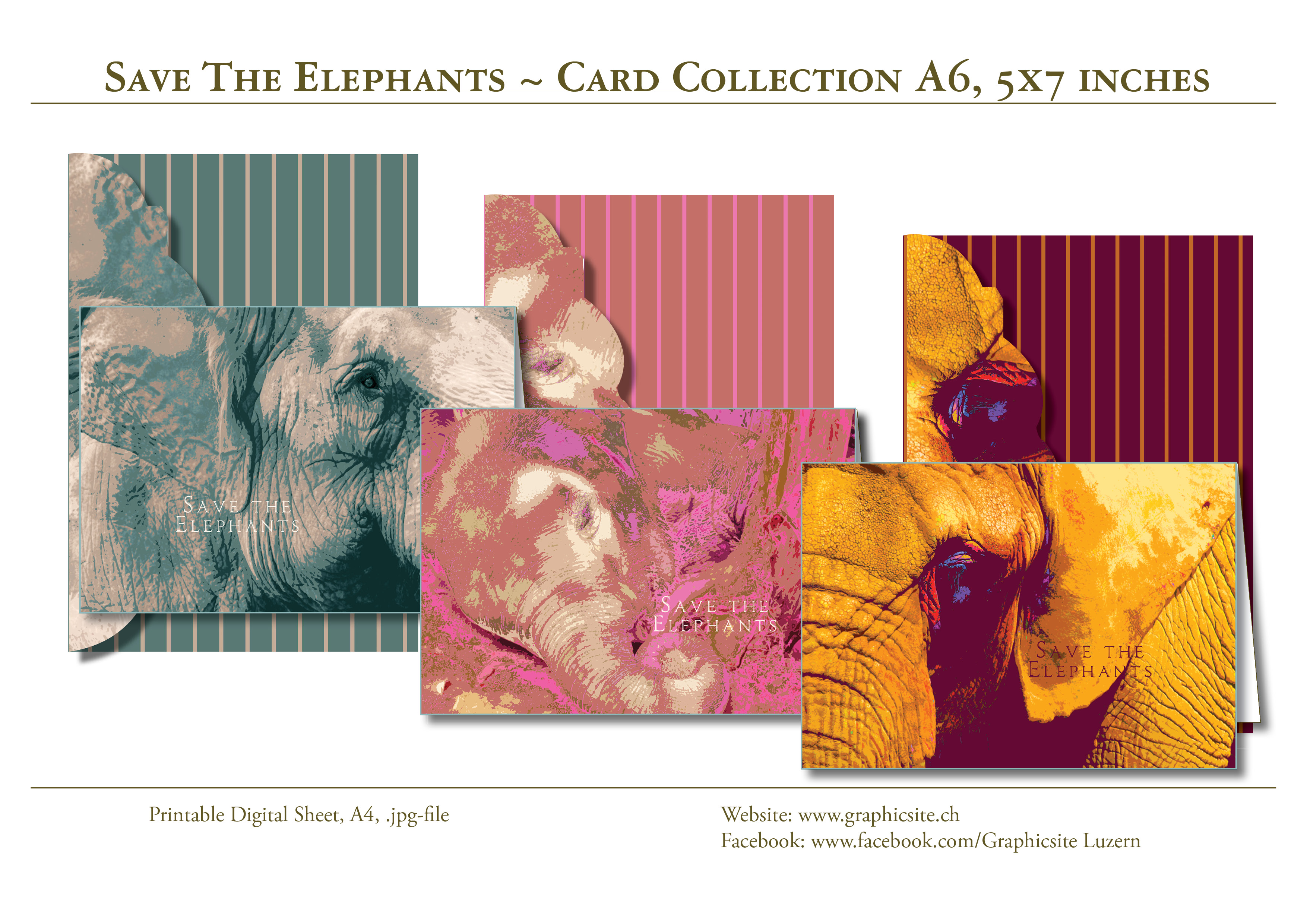 Printable Digital Sheets - DIN A Card Collection - SaveTheElephants - Animals, Elephants, Wild, Nature,